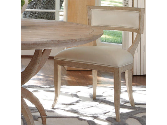 Klismos Upholstered Leather Dining Side Chair in Sandblasted Oak and Beige