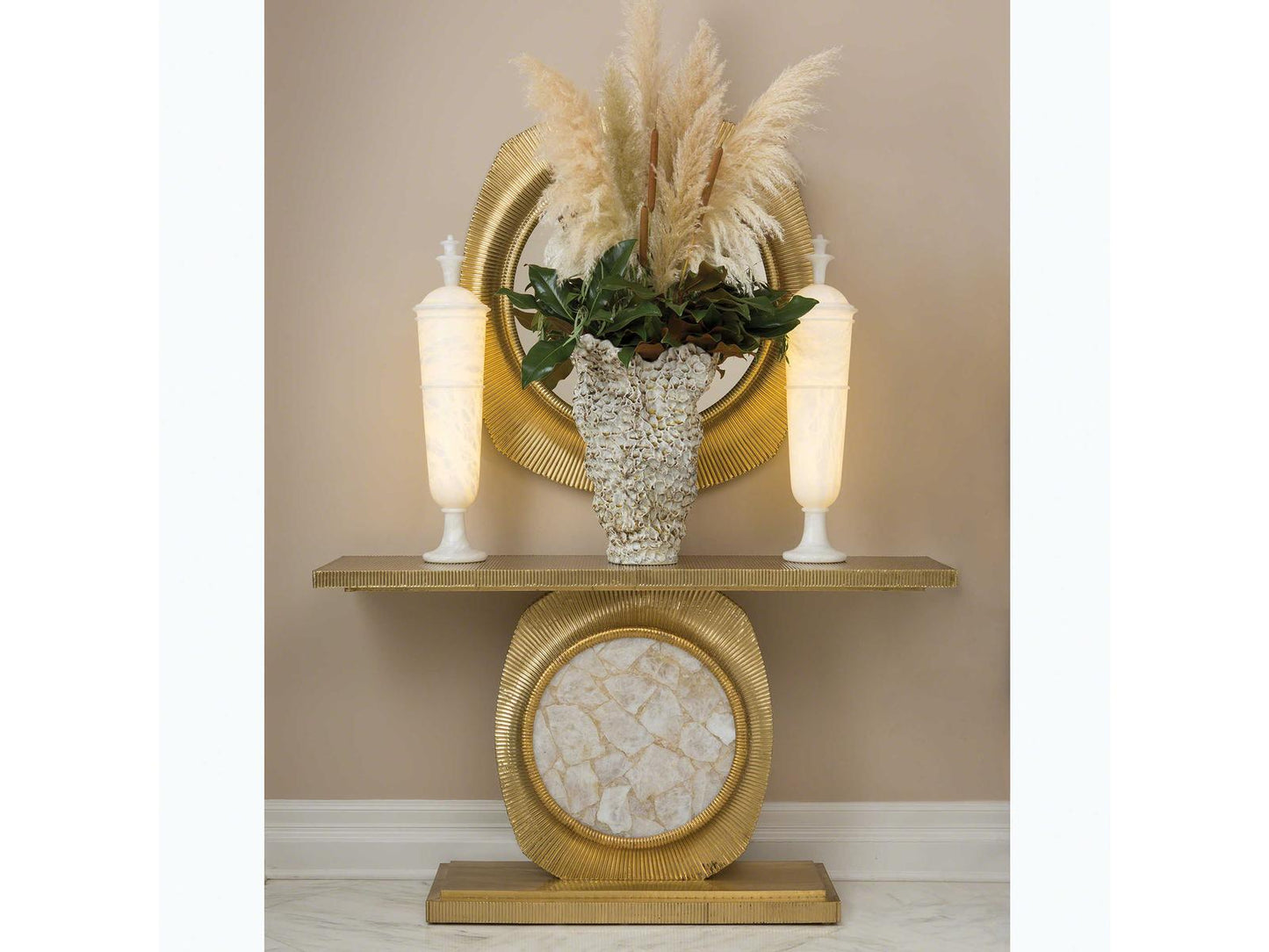Opera Rectangular Metal Console Table with Fluted Brass and Quartz