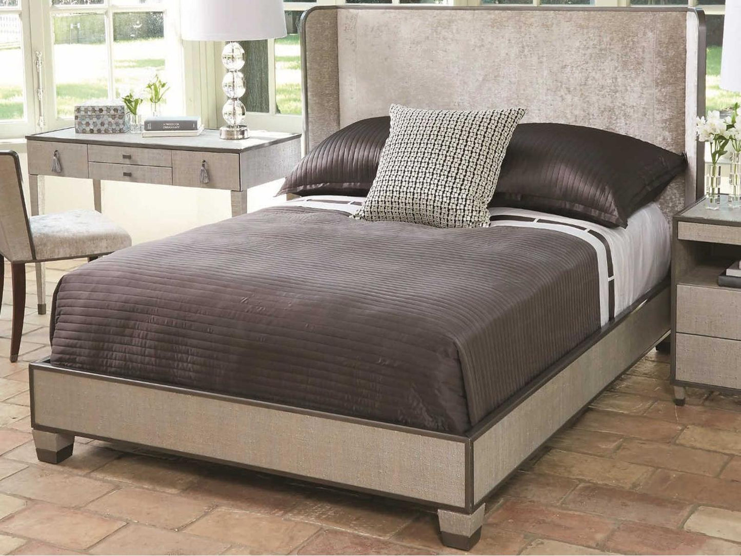Argento Queen Platform Bed with Pewter Trim and Velvet Upholstery