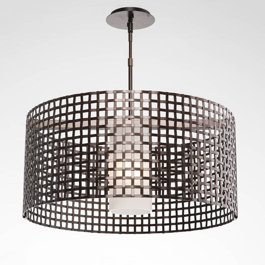 Tweed Single Light 25" Wide Drum Chandelier - Medium (E26) with Frosted Glass Inner and Finished to Match Metal Outer Shade