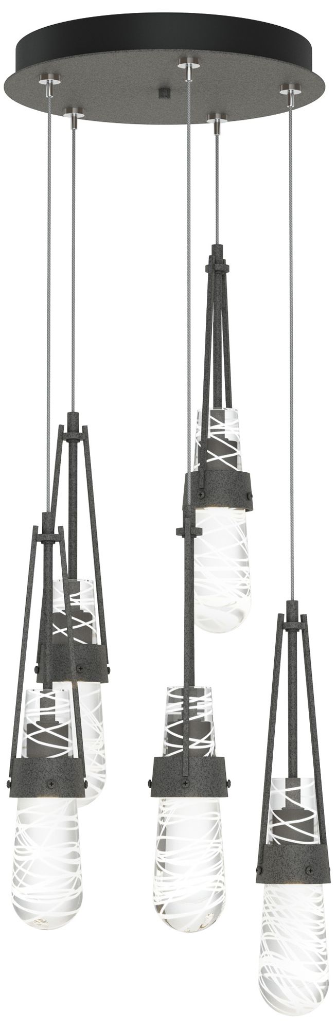 Link 13"W 5-Light Iron Long Pendant w/ Clear White Threaded Glass Shad