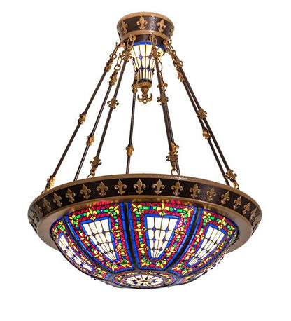 Fleur-de-lis 4 Light 28" Wide Semi-Flush Stained Glass Bowl Ceiling Fixture - Copper Vein Bake / Nu Gold Finish