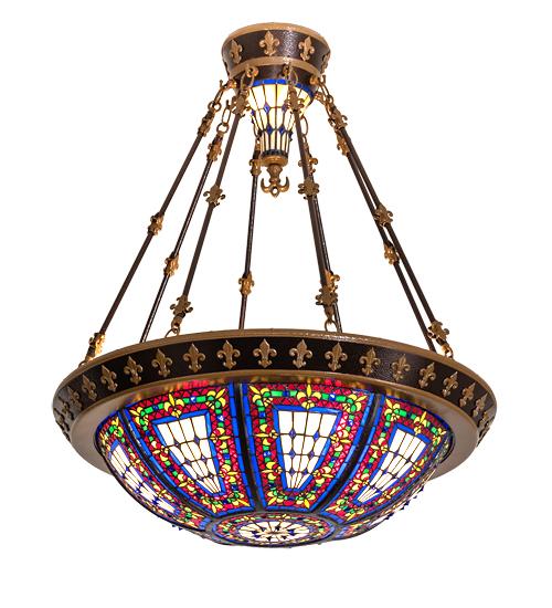 Fleur-de-lis 4 Light 28" Wide Semi-Flush Stained Glass Bowl Ceiling Fixture - Copper Vein Bake / Nu Gold Finish