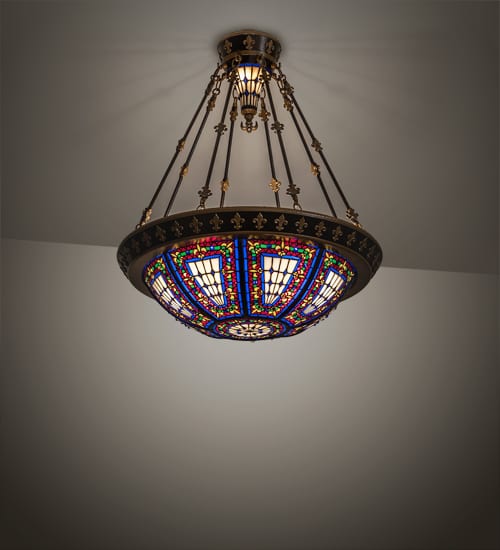 Fleur-de-lis 4 Light 28" Wide Semi-Flush Stained Glass Bowl Ceiling Fixture - Copper Vein Bake / Nu Gold Finish