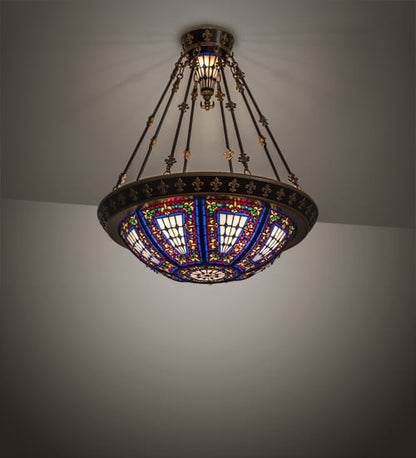 Fleur-de-lis 4 Light 28" Wide Semi-Flush Stained Glass Bowl Ceiling Fixture - Copper Vein Bake / Nu Gold Finish