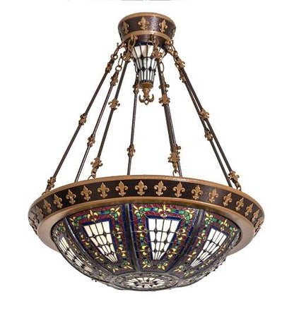 Fleur-de-lis 4 Light 28" Wide Semi-Flush Stained Glass Bowl Ceiling Fixture - Copper Vein Bake / Nu Gold Finish