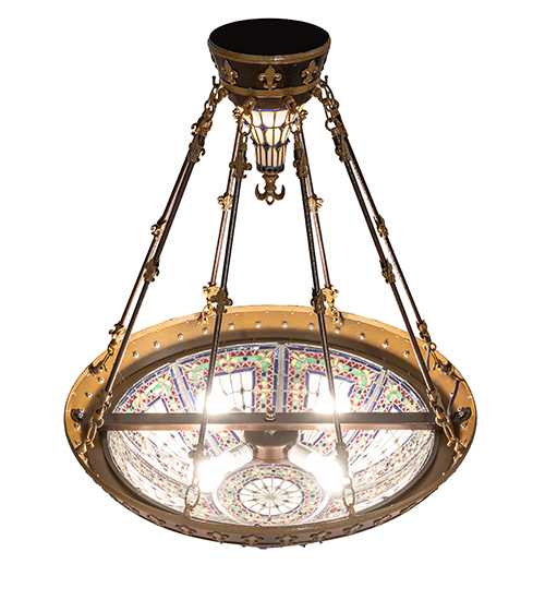 Fleur-de-lis 4 Light 28" Wide Semi-Flush Stained Glass Bowl Ceiling Fixture - Copper Vein Bake / Nu Gold Finish