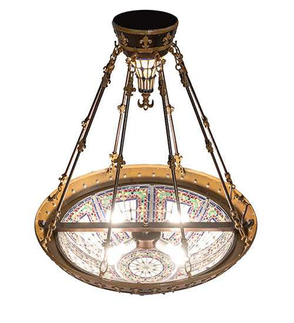 Fleur-de-lis 4 Light 28" Wide Semi-Flush Stained Glass Bowl Ceiling Fixture - Copper Vein Bake / Nu Gold Finish