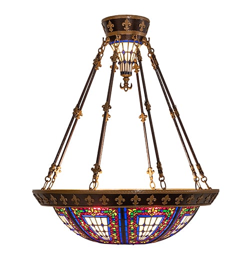 Fleur-de-lis 4 Light 28" Wide Semi-Flush Stained Glass Bowl Ceiling Fixture - Copper Vein Bake / Nu Gold Finish