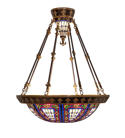 Fleur-de-lis 4 Light 28" Wide Semi-Flush Stained Glass Bowl Ceiling Fixture - Copper Vein Bake / Nu Gold Finish