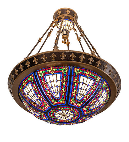 Fleur-de-lis 4 Light 28" Wide Semi-Flush Stained Glass Bowl Ceiling Fixture - Copper Vein Bake / Nu Gold Finish
