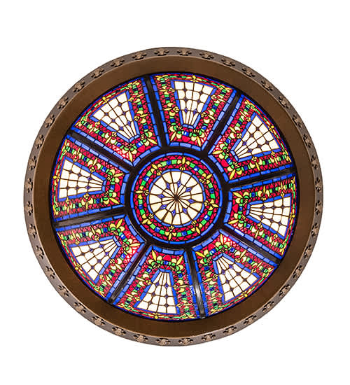 Fleur-de-lis 4 Light 28" Wide Semi-Flush Stained Glass Bowl Ceiling Fixture - Copper Vein Bake / Nu Gold Finish
