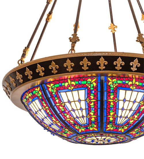 Fleur-de-lis 4 Light 28" Wide Semi-Flush Stained Glass Bowl Ceiling Fixture - Copper Vein Bake / Nu Gold Finish