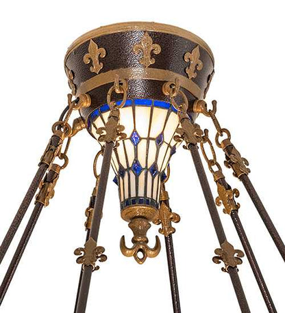 Fleur-de-lis 4 Light 28" Wide Semi-Flush Stained Glass Bowl Ceiling Fixture - Copper Vein Bake / Nu Gold Finish