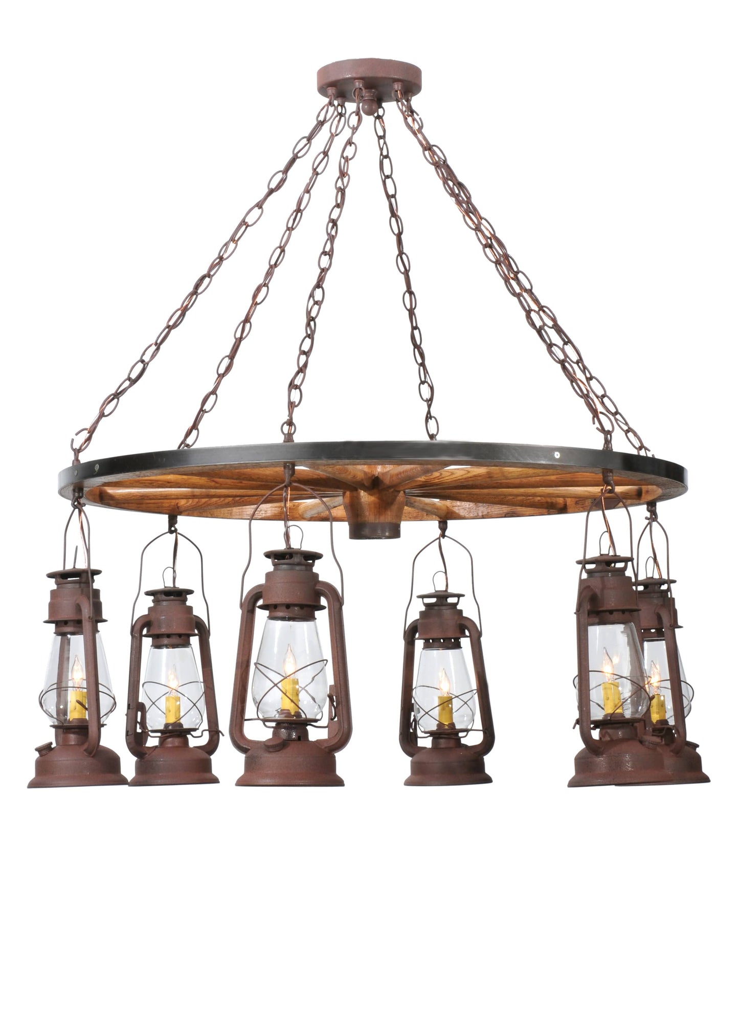 40" W Miners Lantern Wagon Wheel 6 Light Chandelier