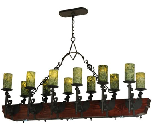 Tudor 15 Light 60" Wide Pillar Candle Style Chandelier with Green Jadestone Shades- Wrought Iron Finish