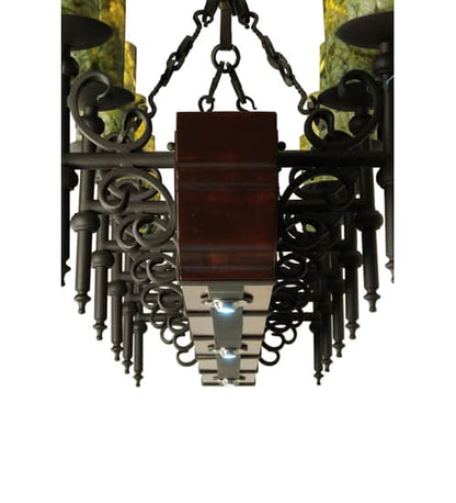 Tudor 15 Light 60" Wide Pillar Candle Style Chandelier with Green Jadestone Shades- Wrought Iron Finish
