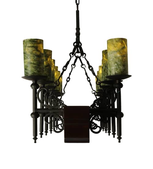 Tudor 15 Light 60" Wide Pillar Candle Style Chandelier with Green Jadestone Shades- Wrought Iron Finish