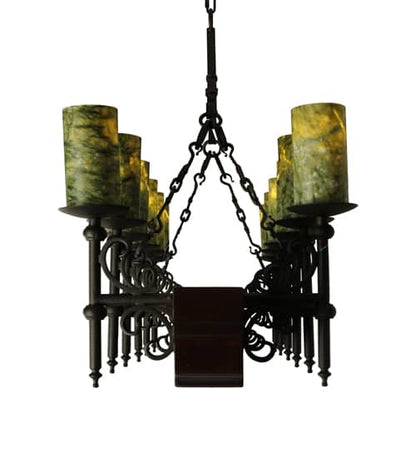 Tudor 15 Light 60" Wide Pillar Candle Style Chandelier with Green Jadestone Shades- Wrought Iron Finish