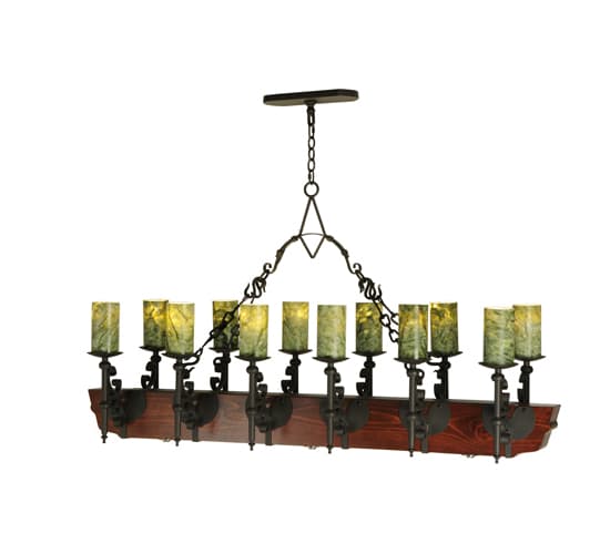 Tudor 15 Light 60" Wide Pillar Candle Style Chandelier with Green Jadestone Shades- Wrought Iron Finish