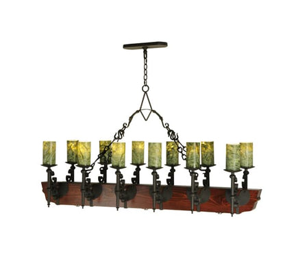 Tudor 15 Light 60" Wide Pillar Candle Style Chandelier with Green Jadestone Shades- Wrought Iron Finish