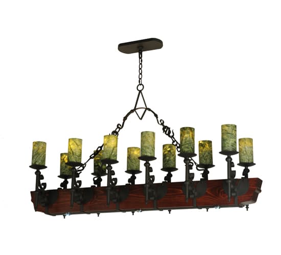 Tudor 15 Light 60" Wide Pillar Candle Style Chandelier with Green Jadestone Shades- Wrought Iron Finish