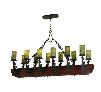 Tudor 15 Light 60" Wide Pillar Candle Style Chandelier with Green Jadestone Shades- Wrought Iron Finish