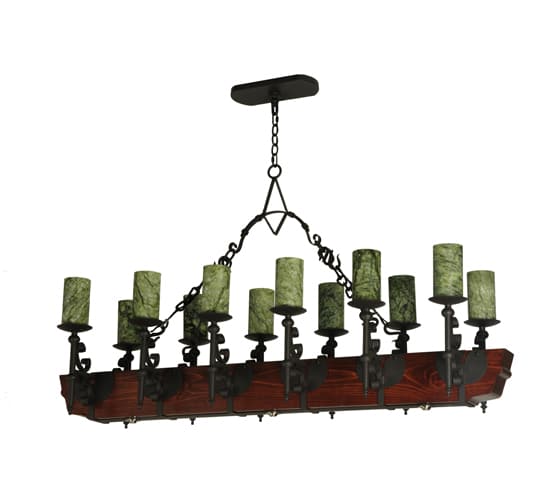 Tudor 15 Light 60" Wide Pillar Candle Style Chandelier with Green Jadestone Shades- Wrought Iron Finish