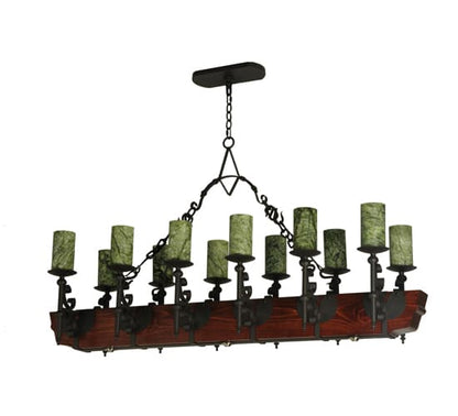 Tudor 15 Light 60" Wide Pillar Candle Style Chandelier with Green Jadestone Shades- Wrought Iron Finish