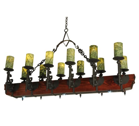 Tudor 15 Light 60" Wide Pillar Candle Style Chandelier with Green Jadestone Shades- Wrought Iron Finish