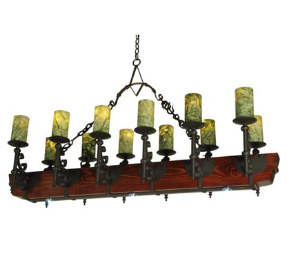 Tudor 15 Light 60" Wide Pillar Candle Style Chandelier with Green Jadestone Shades- Wrought Iron Finish