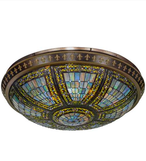Fleur-de-lis 8 Light 45" Wide Semi-Flush Stained Art Glass Bowl Ceiling Fixture - Copper Vein Finish