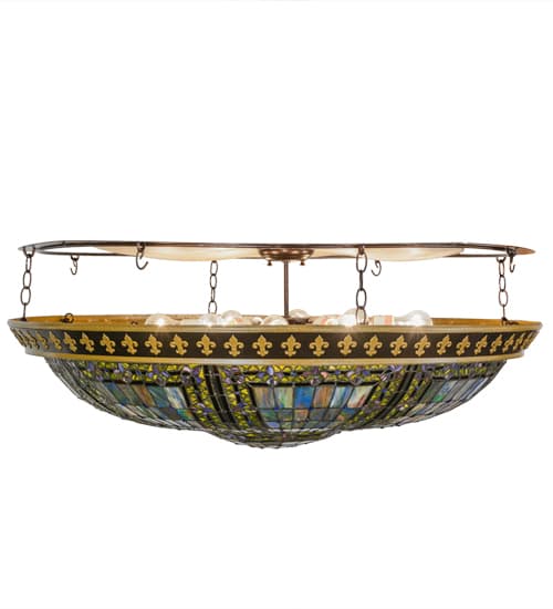 Fleur-de-lis 8 Light 45" Wide Semi-Flush Stained Art Glass Bowl Ceiling Fixture - Copper Vein Finish