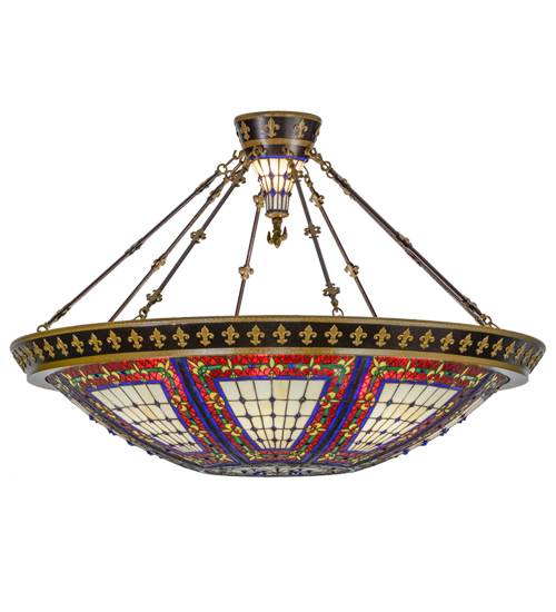 Fleur-de-lis 8 Light 45" Wide Semi-Flush Colorful Stained Glass Bowl Ceiling Fixture - Copper Vein Finish