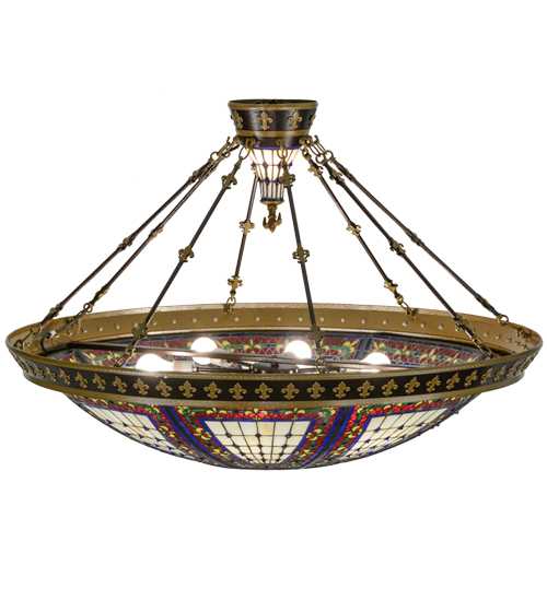 Fleur-de-lis 8 Light 45" Wide Semi-Flush Colorful Stained Glass Bowl Ceiling Fixture - Copper Vein Finish