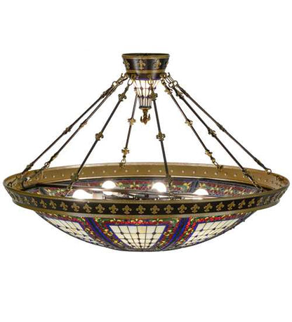 Fleur-de-lis 8 Light 45" Wide Semi-Flush Colorful Stained Glass Bowl Ceiling Fixture - Copper Vein Finish