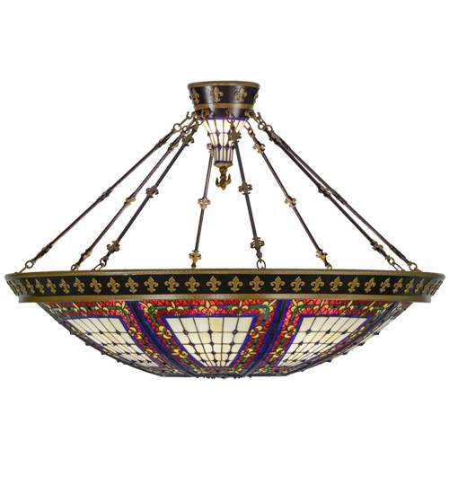 Fleur-de-lis 8 Light 45" Wide Semi-Flush Colorful Stained Glass Bowl Ceiling Fixture - Copper Vein Finish