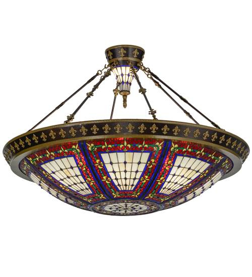 Fleur-de-lis 8 Light 45" Wide Semi-Flush Colorful Stained Glass Bowl Ceiling Fixture - Copper Vein Finish