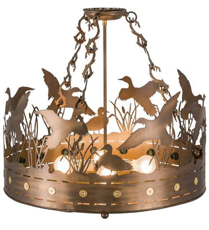 Ducks in Flight 4 Light 24" Wide Semi-Flush Drum Ceiling Fixture - Antique Copper Finish