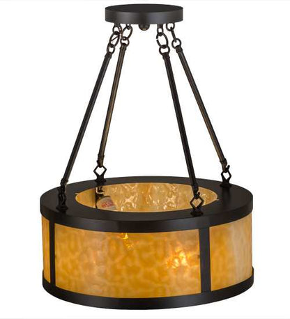 Pomona 4 Light 18" Wide Semi-Flush Drum Ceiling Fixture with Beige Glass Shade - Craftsman Brown Finish