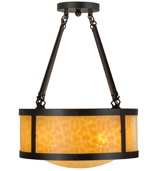 Pomona 4 Light 18" Wide Semi-Flush Drum Ceiling Fixture with Beige Glass Shade - Craftsman Brown Finish