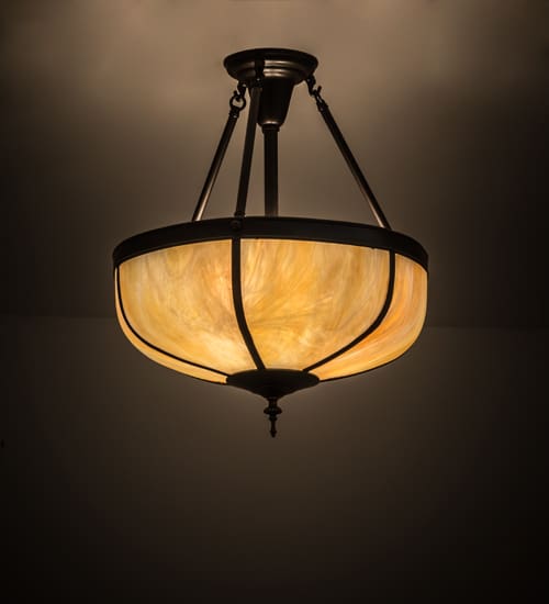 Arts and Crafts 3 Light 18" Wide Semi-Flush Bowl Ceiling Fixture with Beige Iridescent Glass Shade - Craftsman Brown Finish