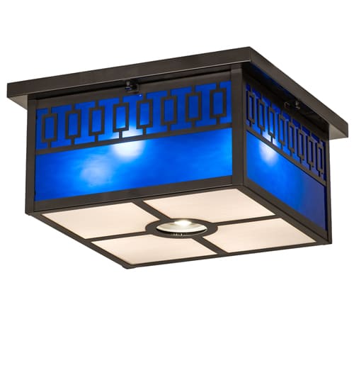 Kungsholm 4 Light 26" Wide Flush Mount Square Ceiling Fixture with Blue Glass Shade - Craftsman Brown Finish