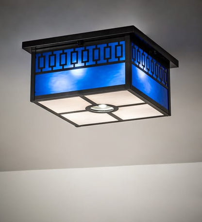 Kungsholm 4 Light 26" Wide Flush Mount Square Ceiling Fixture with Blue Glass Shade - Craftsman Brown Finish