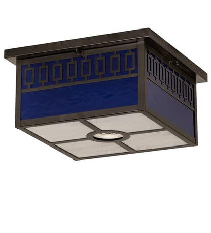 Kungsholm 4 Light 26" Wide Flush Mount Square Ceiling Fixture with Blue Glass Shade - Craftsman Brown Finish