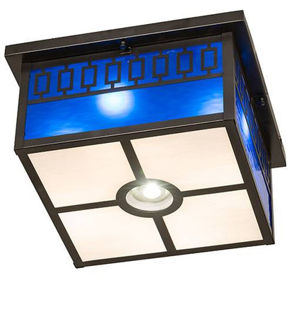 Kungsholm 4 Light 26" Wide Flush Mount Square Ceiling Fixture with Blue Glass Shade - Craftsman Brown Finish