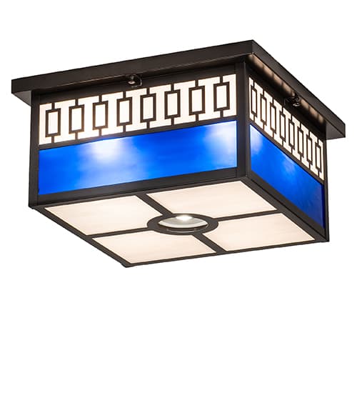 Kungsholm 4 Light 26" Wide Flush Mount Square Ceiling Fixture with Blue and White Glass Shade - Craftsman Brown Finish
