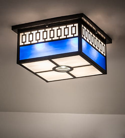 Kungsholm 4 Light 26" Wide Flush Mount Square Ceiling Fixture with Blue and White Glass Shade - Craftsman Brown Finish
