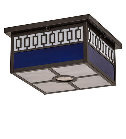 Kungsholm 4 Light 26" Wide Flush Mount Square Ceiling Fixture with Blue and White Glass Shade - Craftsman Brown Finish