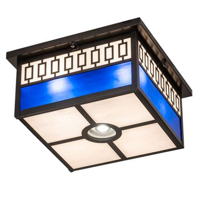 Kungsholm 4 Light 26" Wide Flush Mount Square Ceiling Fixture with Blue and White Glass Shade - Craftsman Brown Finish
